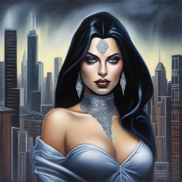 This high-quality oil painting reveals a beautiful Latina sorceress with white skin and black eyes