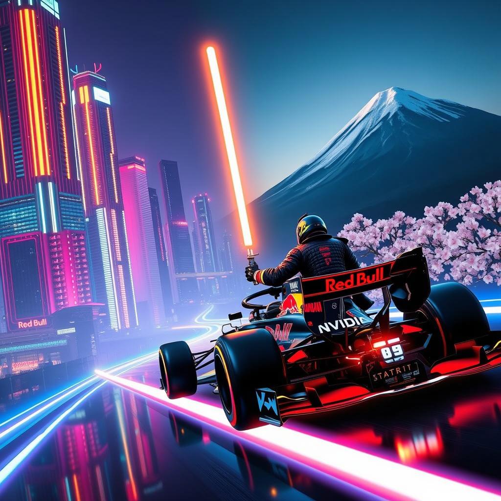 A futuristic scene depicting a samurai wielding a bright light saber while driving a Red Bull Formula 1 car powered by Nvidia technology