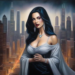 This high-quality oil painting reveals a beautiful Latina sorceress with white skin and black eyes