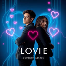 A modern book cover design featuring a young male programmer and a female professional standing back-to-back with natural and subtle expressions