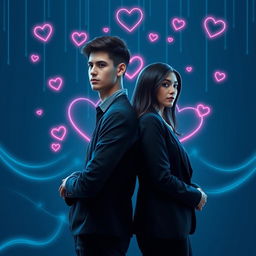 A modern book cover design featuring a young male programmer and a female professional standing back-to-back with natural and subtle expressions
