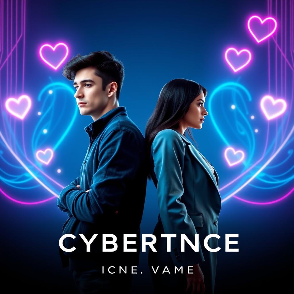 A modern book cover design featuring a young male programmer and a female professional standing back-to-back with natural and subtle expressions