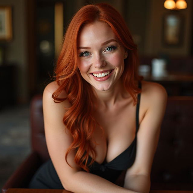 A sexy redhead woman with big breasts, showcasing a warm and inviting smile that radiates confidence and charm