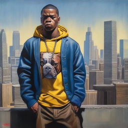 A high-quality oil painting portrays a handsome 17-year-old Colombian bully, depicted as a thug in modern Chicago