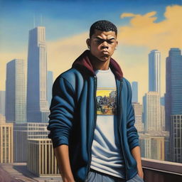 A high-quality oil painting portrays a handsome 17-year-old Colombian bully, depicted as a thug in modern Chicago