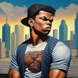 A high-quality oil painting portrays a handsome 17-year-old Colombian bully, depicted as a thug in modern Chicago