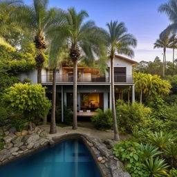 A three-story modern tropical industrial house with a swimming pool, surrounded by numerous trees. A large backyard features a gazebo over a fish pond. The property includes a spacious garage accommodating 12 cars.