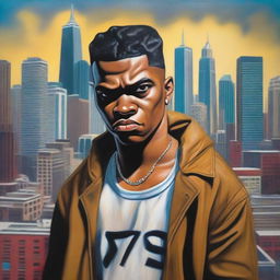 A high-quality oil painting portrays a handsome 17-year-old Colombian bully, depicted as a thug in modern Chicago