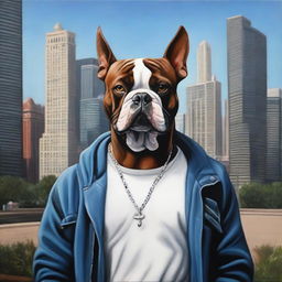 This is an oil painting of a handsome 17-year-old Colombian bully with white skin, depicted as a thug in modern Chicago