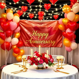 A beautifully decorated anniversary celebration scene featuring a romantic setup with colorful balloons