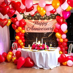 A beautifully decorated anniversary celebration scene featuring a romantic setup with colorful balloons