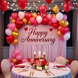 A beautifully decorated anniversary celebration scene featuring a romantic setup with colorful balloons