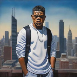 This is an oil painting of a handsome 17-year-old Colombian bully with white skin, depicted as a thug in modern Chicago