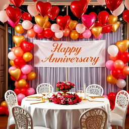 A beautifully decorated anniversary celebration scene featuring a romantic setup with colorful balloons