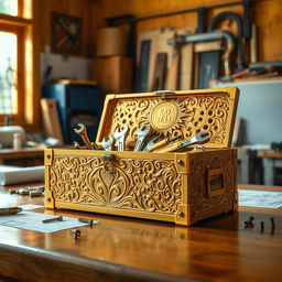 A beautifully detailed golden toolbox with intricate engravings, resting on a polished wooden workbench in a warm, sunlit workshop