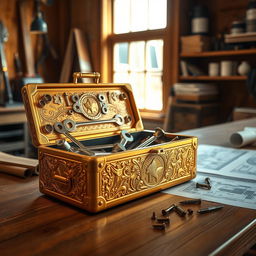 A beautifully detailed golden toolbox with intricate engravings, resting on a polished wooden workbench in a warm, sunlit workshop