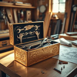 A beautifully detailed golden toolbox with intricate engravings, resting on a polished wooden workbench in a warm, sunlit workshop