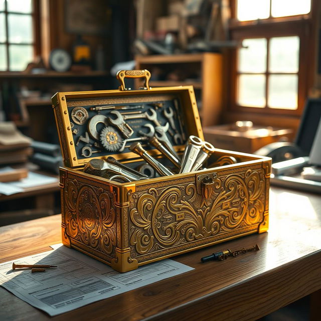 A beautifully detailed golden toolbox with intricate engravings, resting on a polished wooden workbench in a warm, sunlit workshop