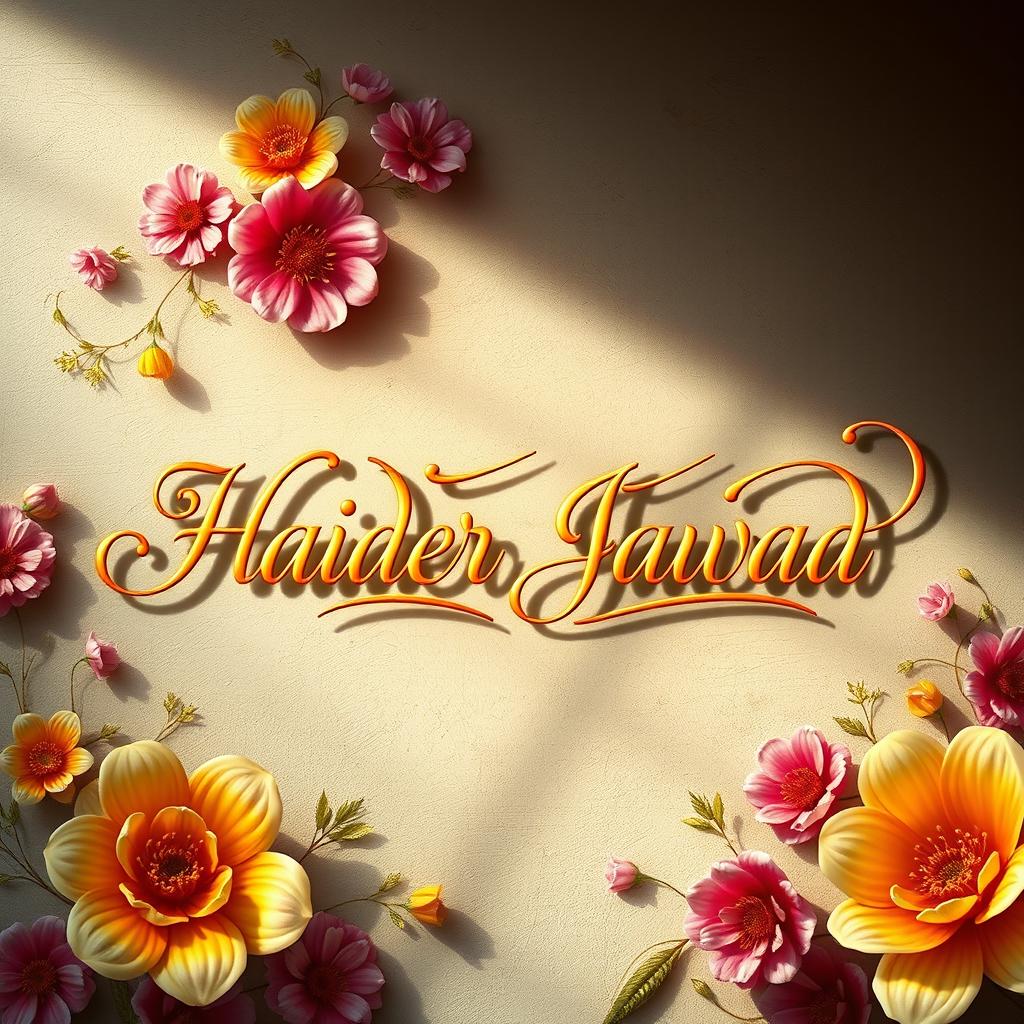 A beautifully stylized digital artwork featuring the name 'Haider Jawad' depicted in elegant calligraphy, surrounded by intricate floral designs and vibrant colors that enhance the artistic vibe