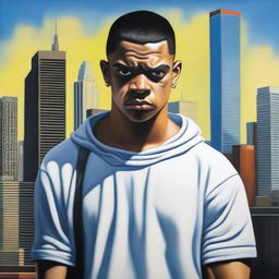 This is an oil painting of a handsome 17-year-old Colombian bully with white skin, depicted as a thug in modern Chicago