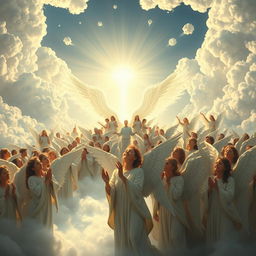 A celestial scene depicting a vast, heavenly landscape filled with ethereal light and majestic clouds