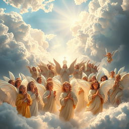 A celestial scene depicting a vast, heavenly landscape filled with ethereal light and majestic clouds