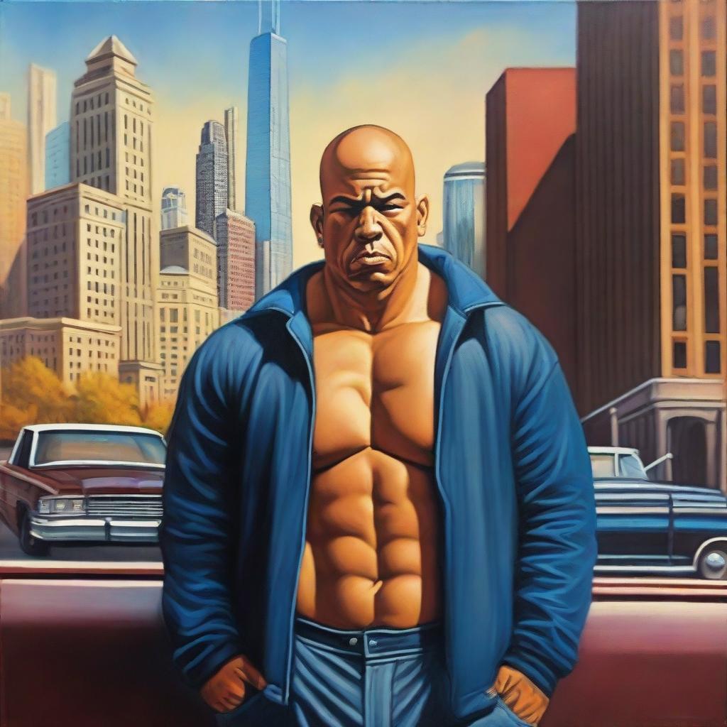 A captivating oil painting showcases a devastatingly handsome Latino bully, depicted as an older brother and thug in modern Chicago