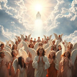 A celestial scene depicting a vast, heavenly landscape filled with ethereal light and majestic clouds