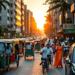 A vibrant street scene capturing the energy of a busy city road
