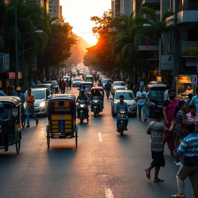 A vibrant street scene capturing the energy of a busy city road