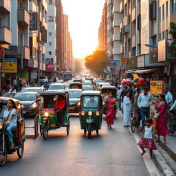 A vibrant street scene capturing the energy of a busy city road