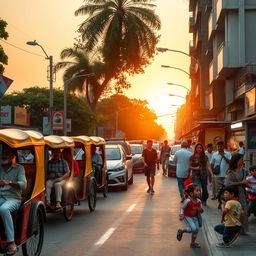 A vibrant street scene capturing the energy of a busy city road