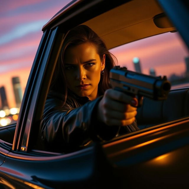 A dramatic scene of a person with a gun in hand, looking out of a car window