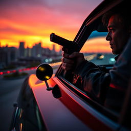 A dramatic scene of a person with a gun in hand, looking out of a car window