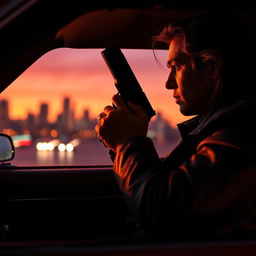 A dramatic scene of a person with a gun in hand, looking out of a car window