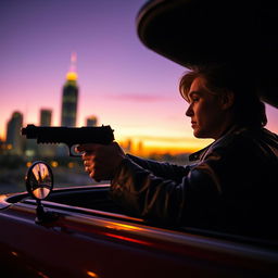 A dramatic scene of a person with a gun in hand, looking out of a car window