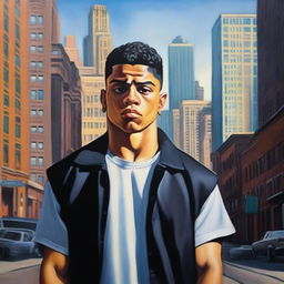 An oil painting of a devastatingly handsome 17-year-old Latino bully, portrayed as an older brother and thug in the urban setting of modern Chicago