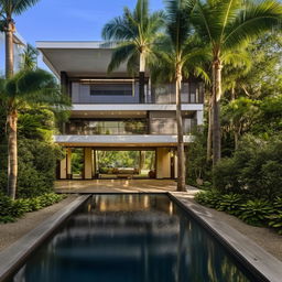 A three-story modern tropical industrial house with a swimming pool, surrounded by numerous trees. A large backyard features a gazebo over a fish pond. The property includes a spacious garage accommodating 12 cars.