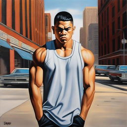 An oil painting of a devastatingly handsome 17-year-old Latino bully, portrayed as an older brother and thug in the urban setting of modern Chicago