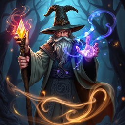 A powerful wizard casting a spell in a fantastical setting, surrounded by glowing magical runes and swirling energy