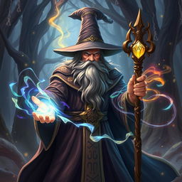 A powerful wizard casting a spell in a fantastical setting, surrounded by glowing magical runes and swirling energy