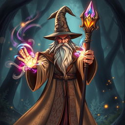 A powerful wizard casting a spell in a fantastical setting, surrounded by glowing magical runes and swirling energy
