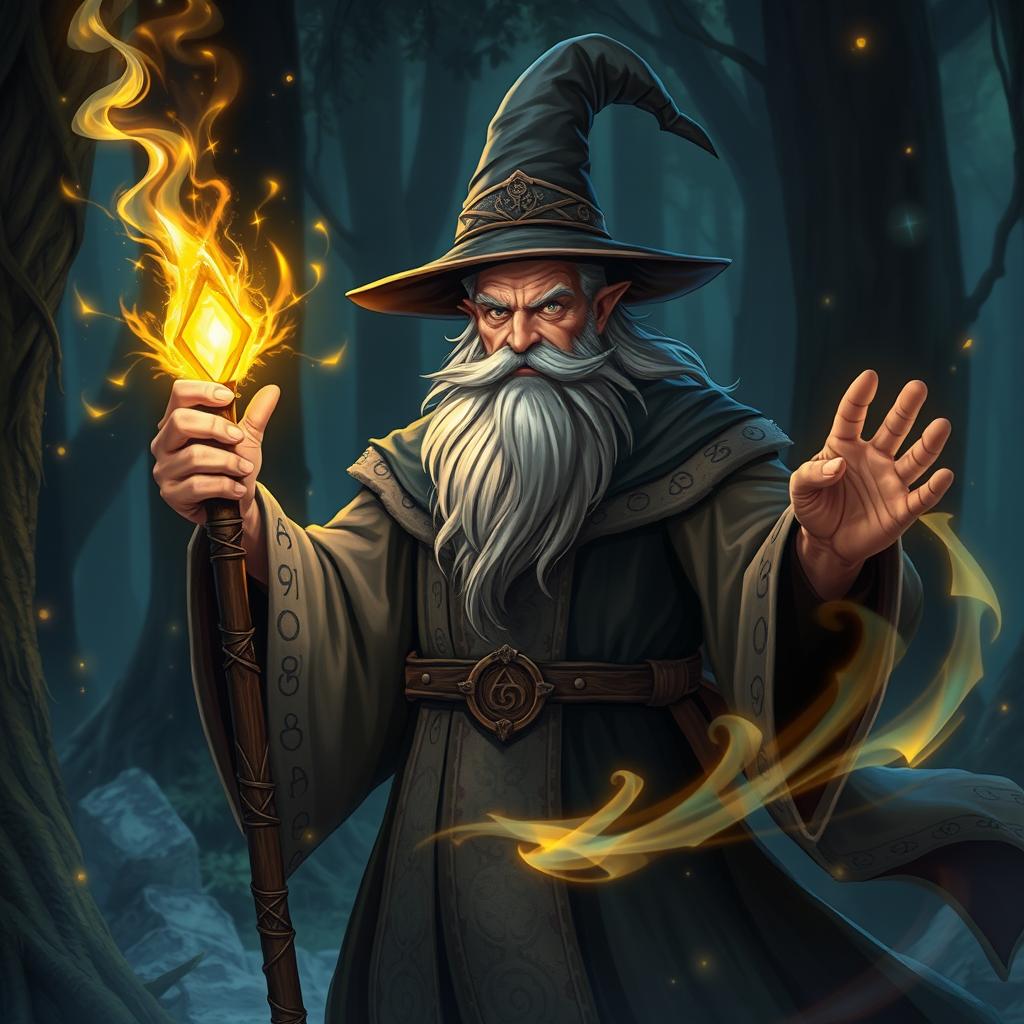 A powerful wizard casting a spell in a fantastical setting, surrounded by glowing magical runes and swirling energy