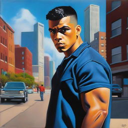 An oil painting of a devastatingly handsome 17-year-old Latino bully, portrayed as an older brother and thug in the urban setting of modern Chicago