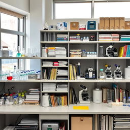 A well-organized STEM lab inventory in Palestine, showcasing a variety of scientific equipment and supplies