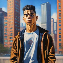 An oil painting of a devastatingly handsome 17-year-old Latino bully, portrayed as an older brother and thug in the urban setting of modern Chicago