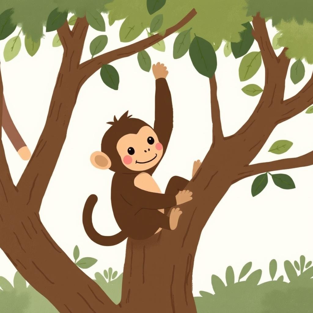 A cute little brown monkey playing in a tree, illustrated in the distinctive style of Jon Klassen, characterized by simple shapes, a muted color palette, and whimsical expressions