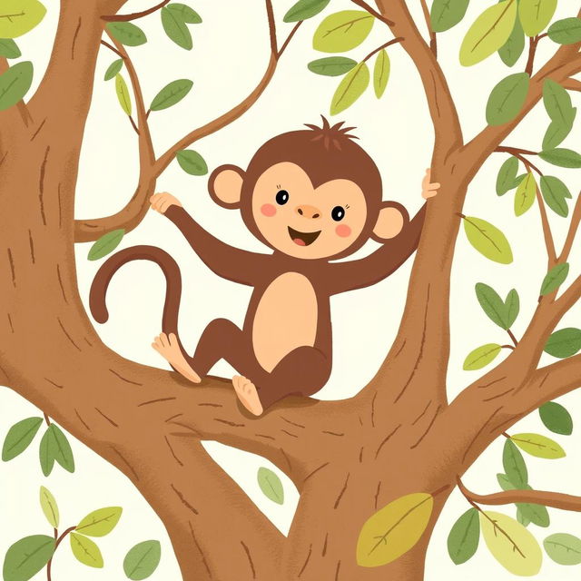 A cute little brown monkey playing in a tree, illustrated in the distinctive style of Jon Klassen, characterized by simple shapes, a muted color palette, and whimsical expressions