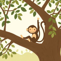 A cute little brown monkey playing in a tree, illustrated in the distinctive style of Jon Klassen, characterized by simple shapes, a muted color palette, and whimsical expressions