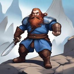 A high-quality digital art piece showcasing a rugged dwarf fighter with auburn hair and a neatly braided beard